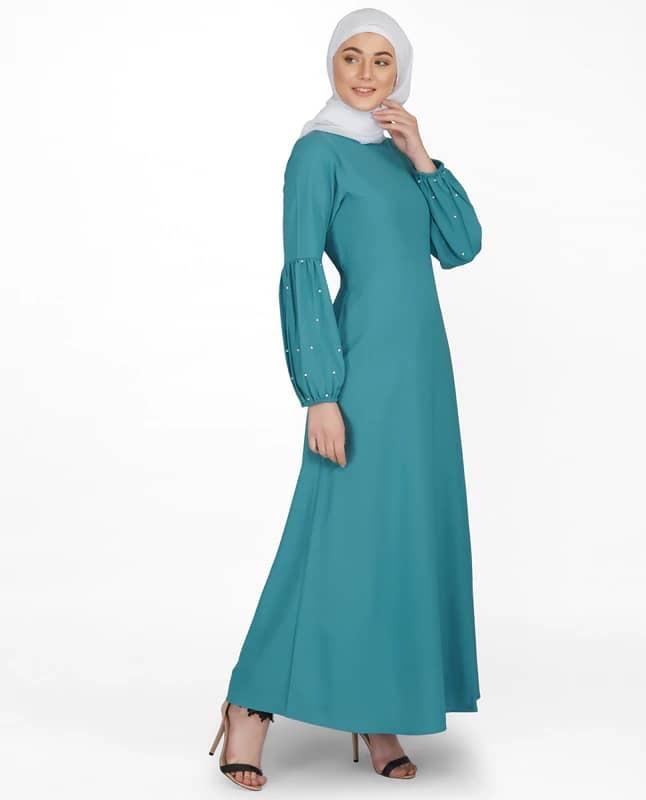 PEARL EMBELLISHED BRITTANY BLUE PUFFED SLEEVE ABAYA | MID Kollections